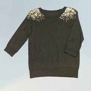 Festive light brown, lightweight sweater with gold sequence details, size S